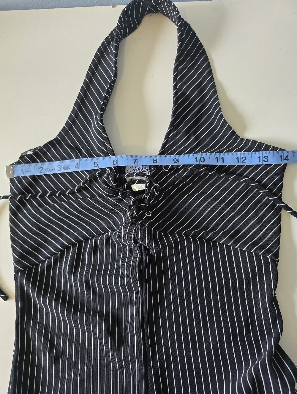 Vntg Chesley Black Pinstripe Wide-Leg Halter Jumpsuit S - Picture 6 of 7
